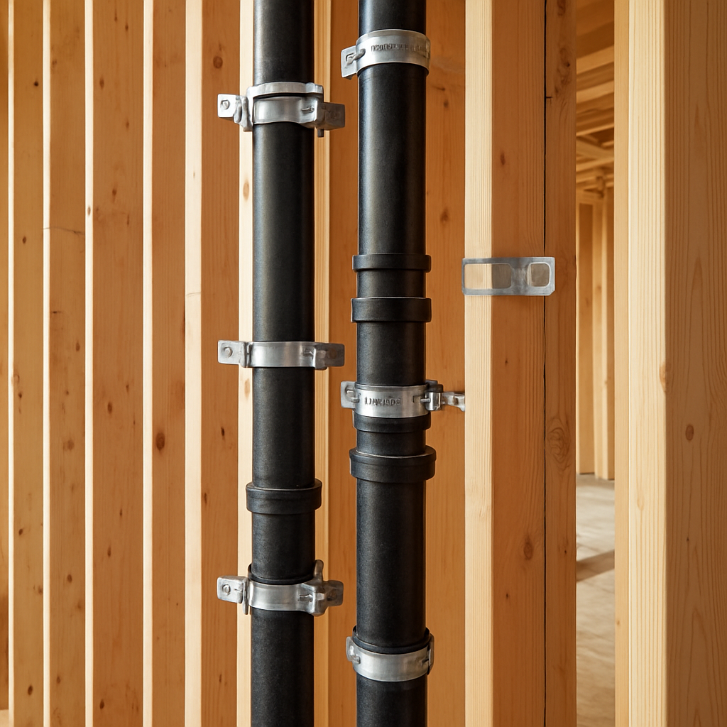 No-hub cast iron waste and vent stacks roughed in