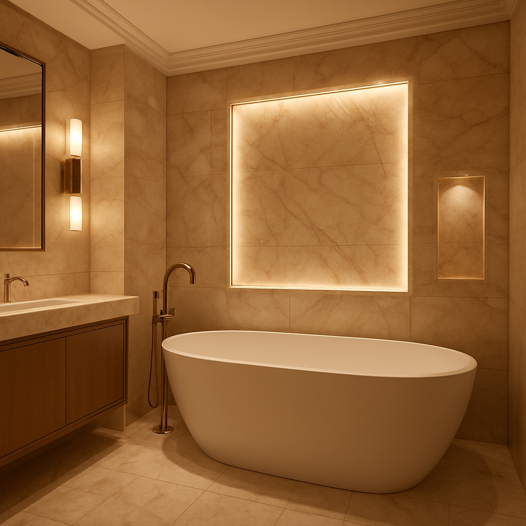 Finished high-end bathroom with freestanding tub installed by Five Stars Plumbing