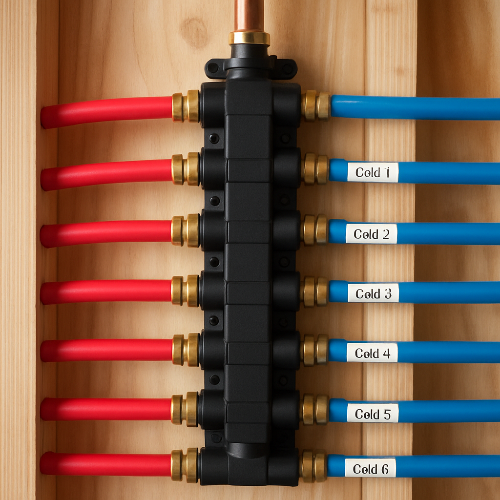 Organized PEX-A water distribution manifold with color-coded lines