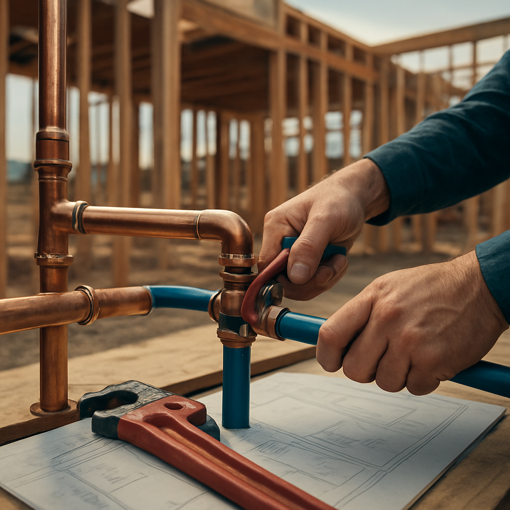 Five Stars Plumbing crew installing copper and PEX piping on a new construction site